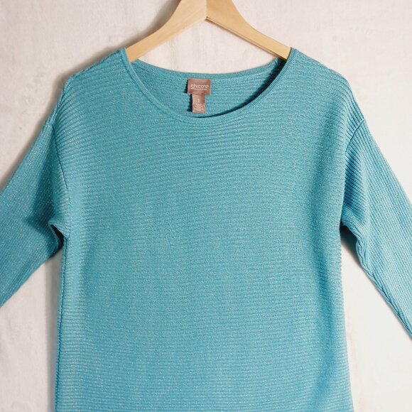 Chico's, Turquoise Blue, Sparkle, Ribbed Knit Top with 3/4 Sleeves,  Size Small - Picture 5 of 12